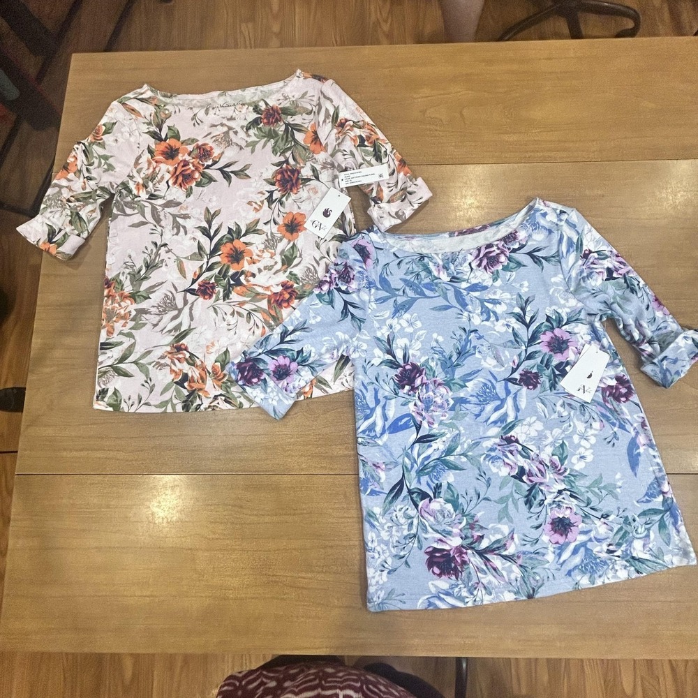 Set 2‎ Gloria Vanderbilt Shirt Womens XS Toscana Floral 3/4 Sleeve Boatneck NWT